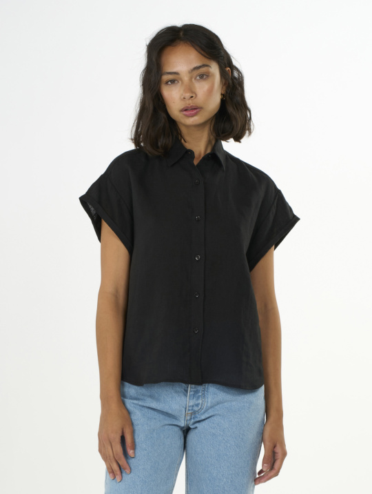 Bluse Aster Fold Up Short Sleeve Linen Shirt Knowledge Cotton Apparel Black Jet 1