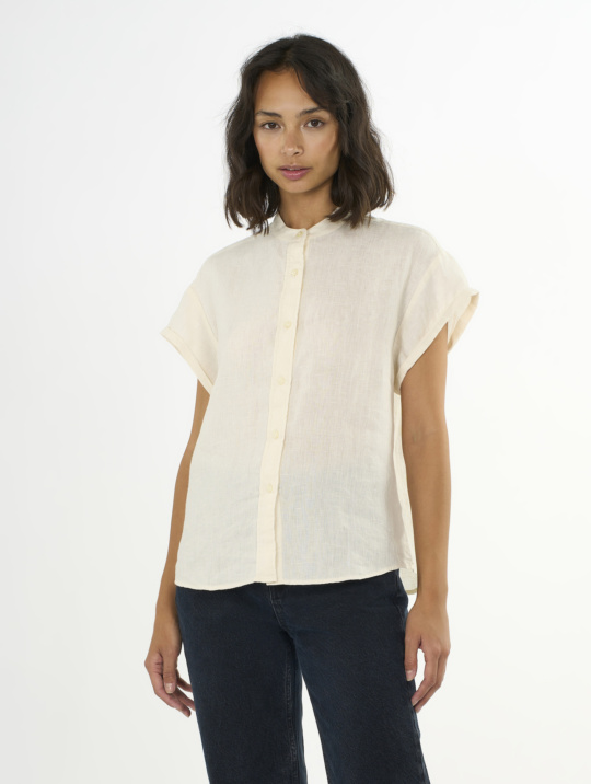 Bluse Collar Stand Short Sleeve Linen Shirt Knowledge Cotton Apparel Buttercream 1