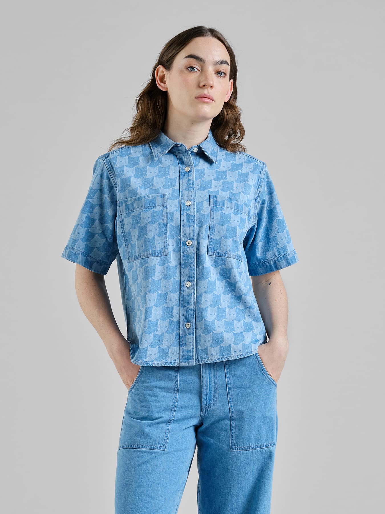 Bluse Shirt Stensvik Denim Pepita Cats Dedicated Light Blue 01