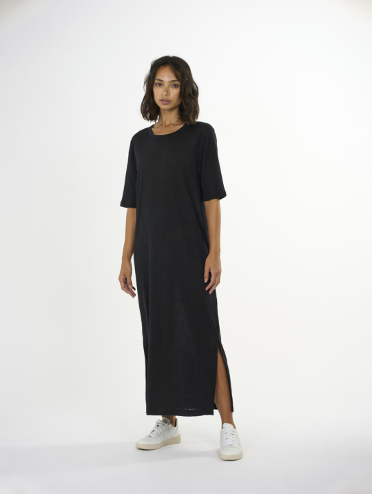 Kleid Linen Short Sleeved T Shirt Dress Knowledge Cotton Apparel Black Jet 1
