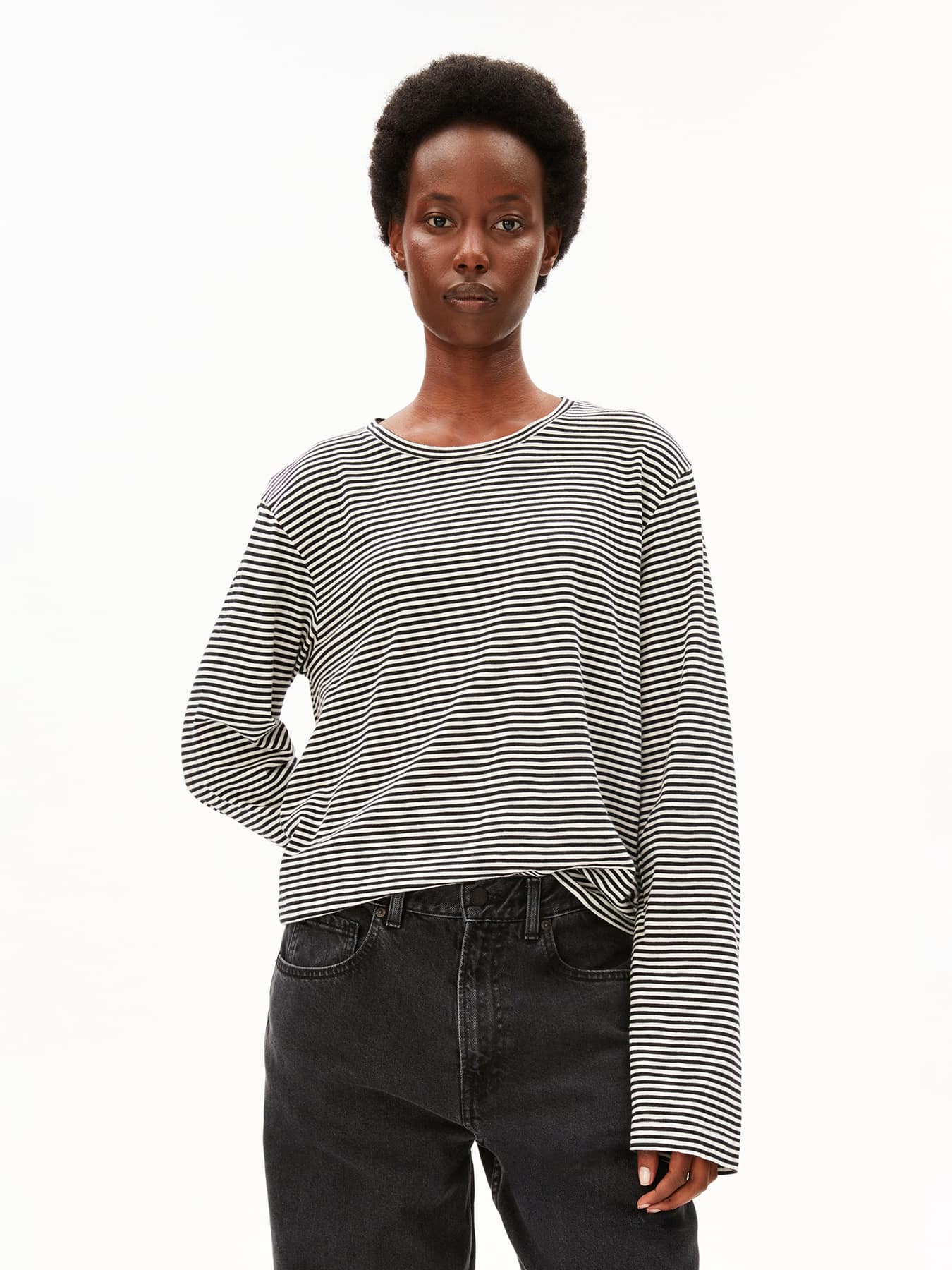 Longsleeve Slub Jersey Stripe Armedangels Black Oatmilk 01