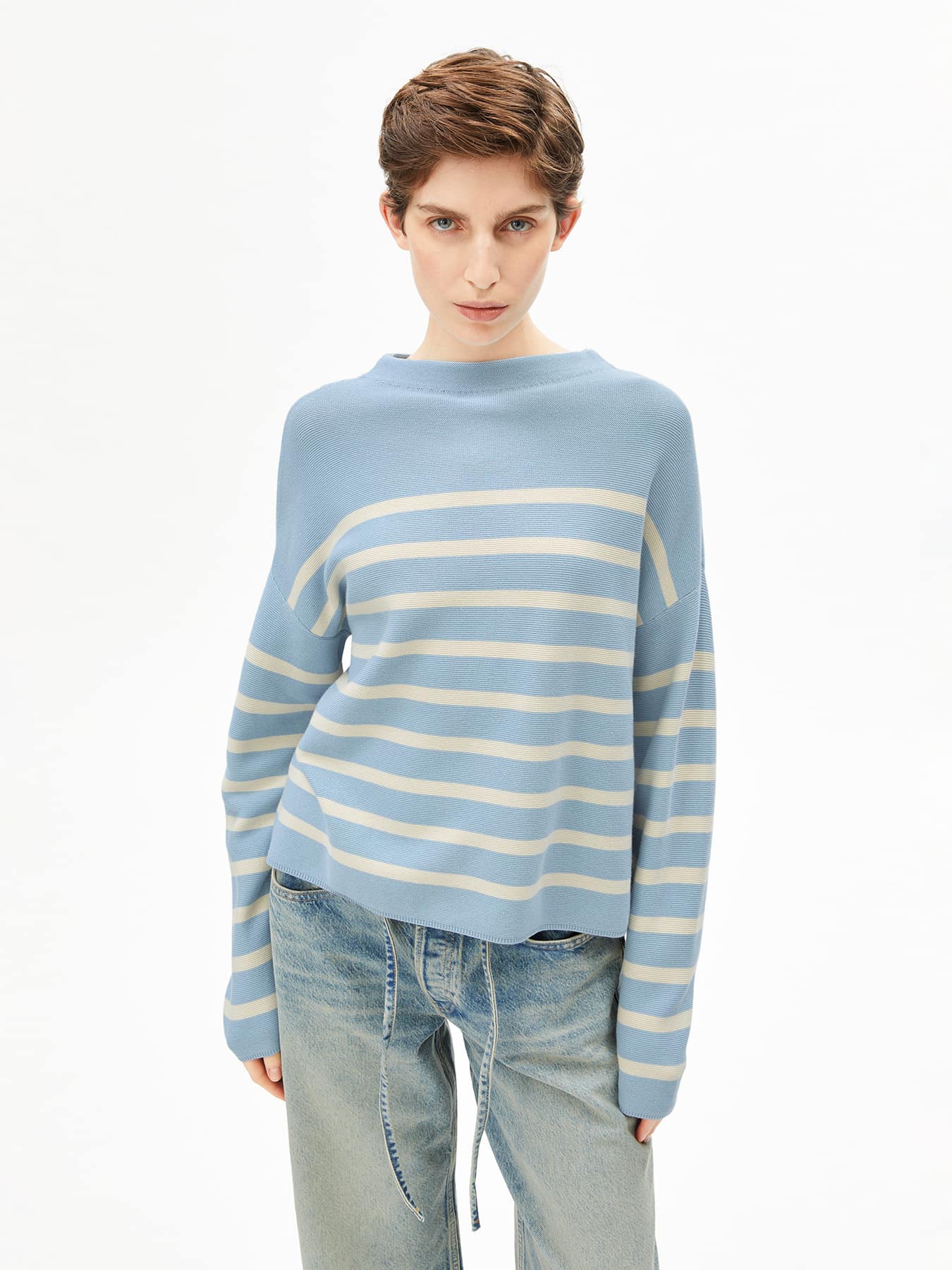 Pullover Merinaa Stripes Knit Sweater Armedangels Blue Glow Oatmilk 01