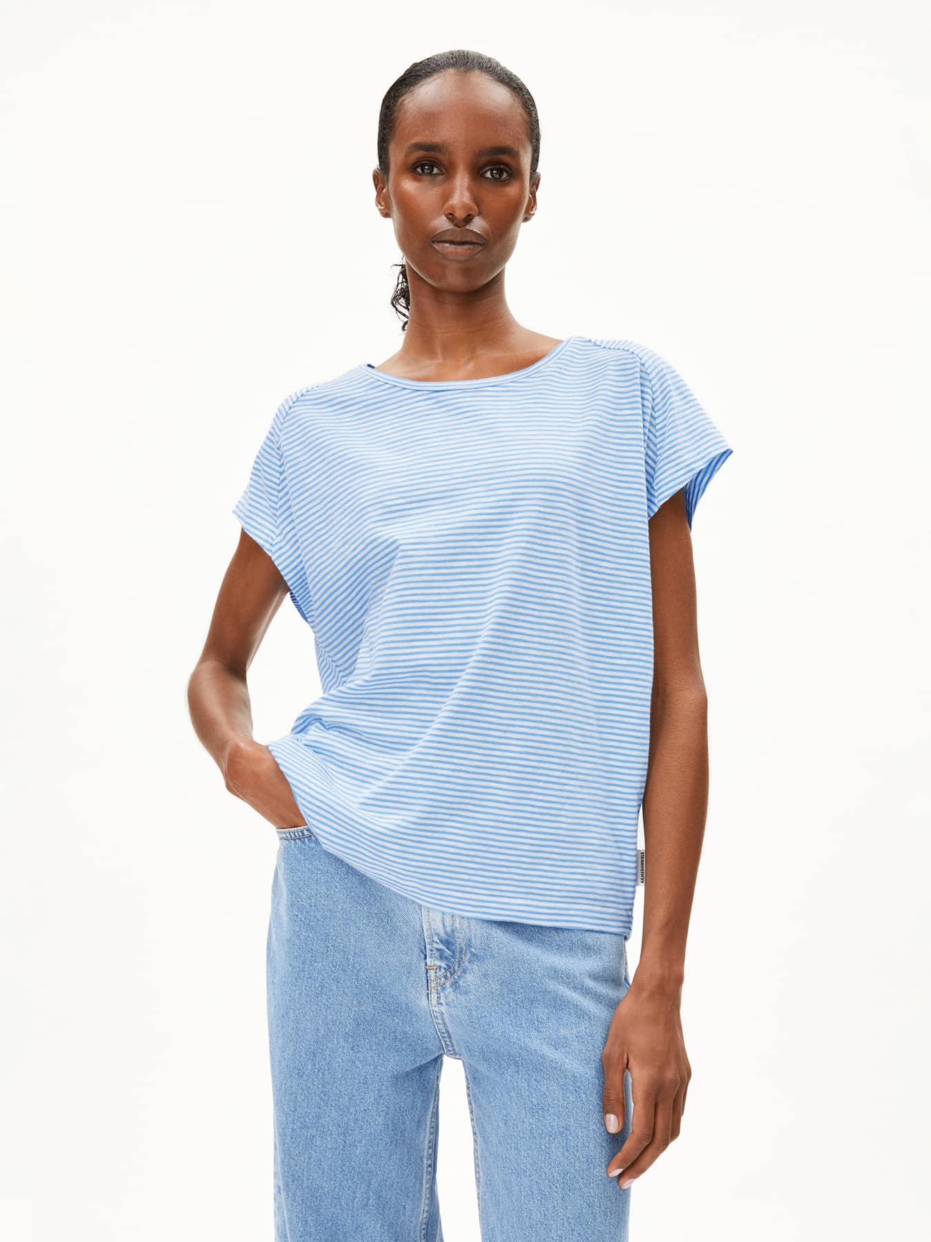 T Shirt Oneliaa Lovely Stripes Armedangels Silky Blue 01