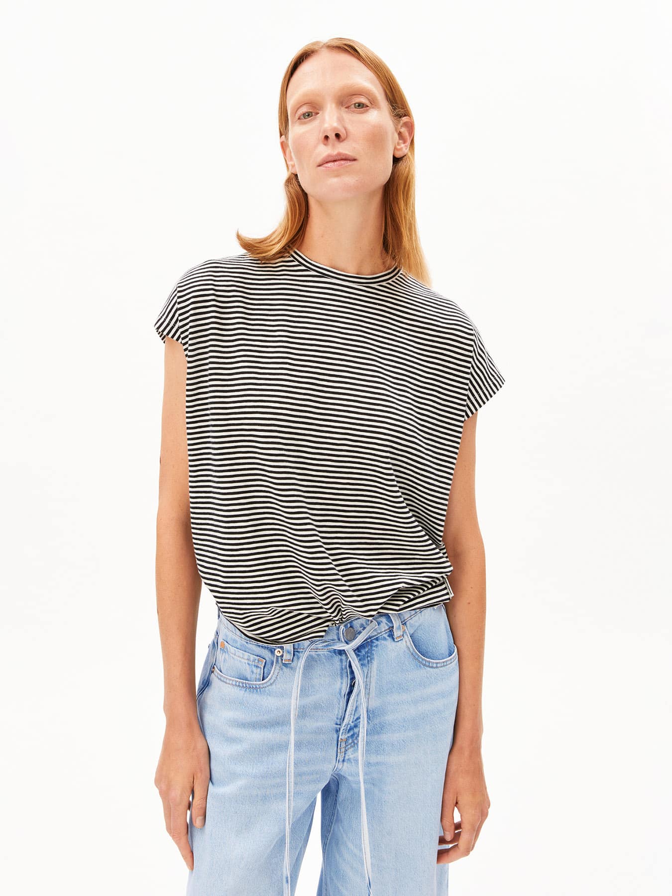 T Shirt Slub Jersey Stripe Armedangels Black Oatmilk 01