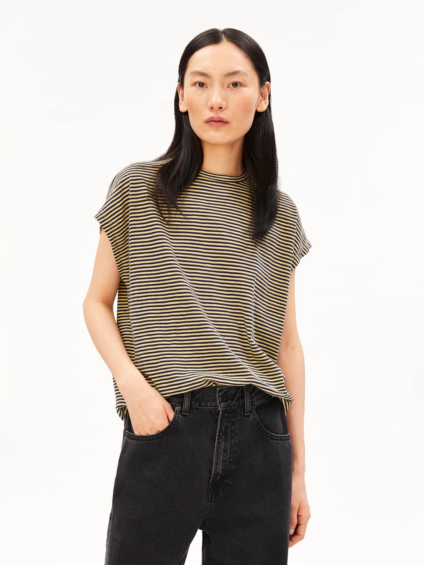T Shirt Slub Jersey Stripe Armedangels Tinted Navy Golden Hay 01