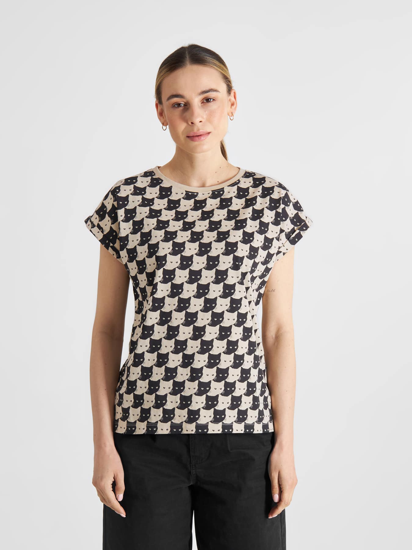 T Shirt Vispy Pepita Cat Dedicated Oat White 01